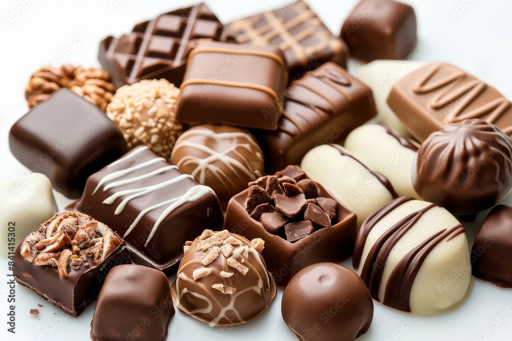 A variety of chocolate pralines with different toppings, showcasing the diversity and artisanal quality of these gourmet confections A variety of chocolate pralines with different toppings, showcasing the diversity and artisanal quality of these gourmet confections