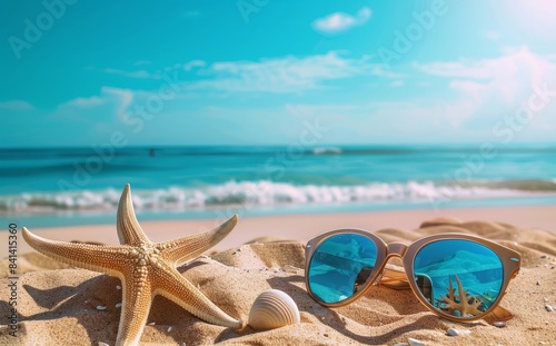 An image of summer beach accessories. Beach accessories - straw hats, glasses, towels, starfish, yellow flip flops on a sandy beach against a blue sky with clouds. © Bundi