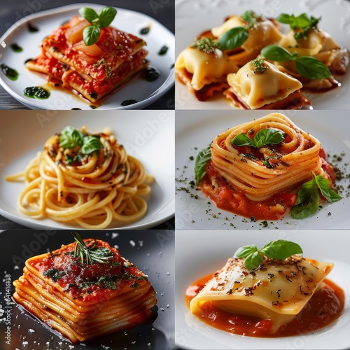 A collage showcasing various Italian pasta dishes, including lasagna, spaghetti, and ravioli, each served with a rich tomato sauce and fresh basil