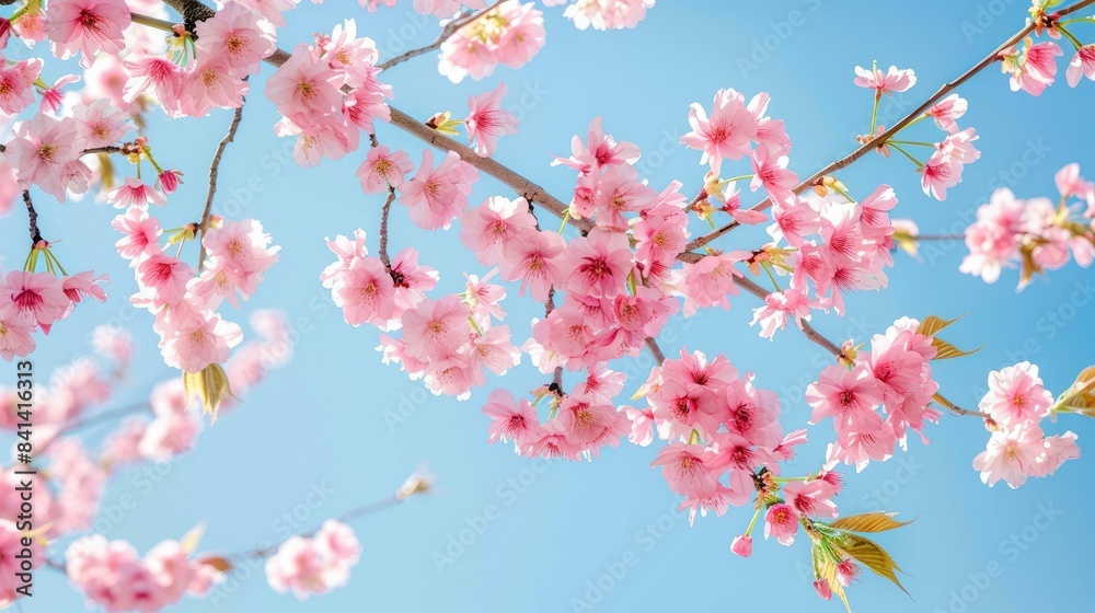 Fully bloomed cherry blossom branches under a clear blue sky