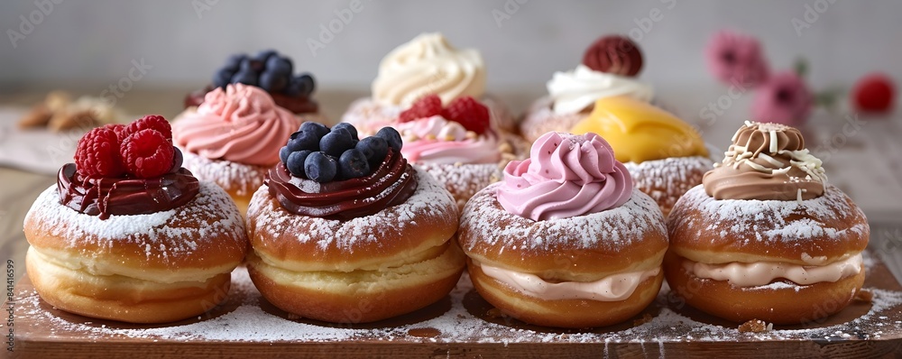 An Assortment of Decadent Cream Filled Donuts in a Creative Arrangement An Assortment of Decadent Cream Filled Donuts in a Creative Arrangement