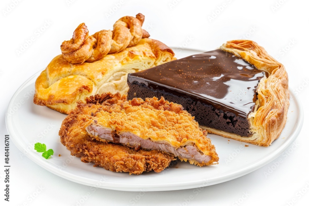 A plate with an assortment of delicious pastries and fried chicken cutlets, showcasing a variety of textures and flavors on a white background. A plate with an assortment of delicious pastries and fried chicken cutlets, showcasing a variety of textures and flavors on a white background.
