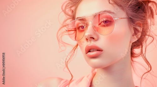 A close-up portrait of a womans face, featuring rosy pink sunglasses and a soft pink background