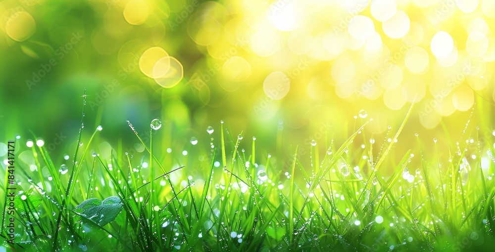 Obraz premium Grass on a meadow sparkles with drops of dew in morning light, spring summer outdoors close-up, copy space, wide format. Beautiful artistic picture of nature's purity and freshness.