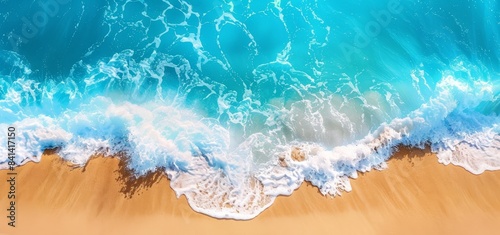 A beautiful tropical wave of spring sea surf. A blue turquoise ocean wave on a golden sand beach.