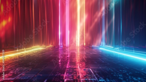 The abstract background is composed of neon rays and glowing lines on a 3D render. © Bundi