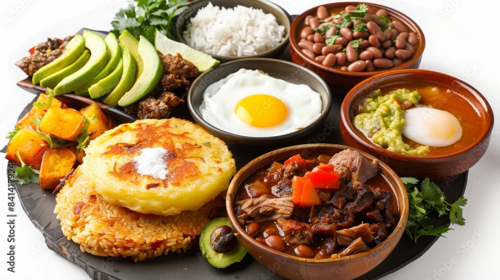 Assorted traditional Colombian breakfast with beans, rice, eggs, avocado, fried plantains, and arepas on a platter. Vibrant and delicious. Assorted traditional Colombian breakfast with beans, rice, eggs, avocado, fried plantains, and arepas on a platter. Vibrant and delicious.