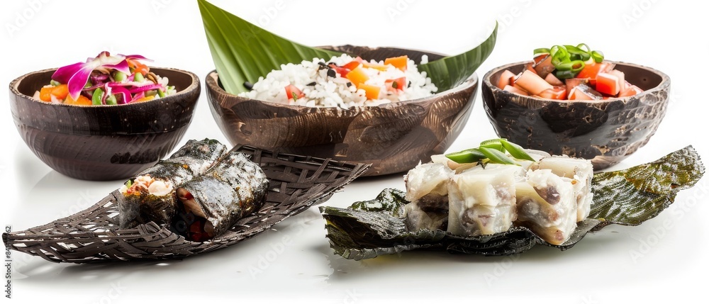 Assorted traditional dishes served in bamboo leaf and coconut shell bowls, featuring rice, vegetables, and fish; isolated on a white background. Assorted traditional dishes served in bamboo leaf and coconut shell bowls, featuring rice, vegetables, and fish; isolated on a white background.