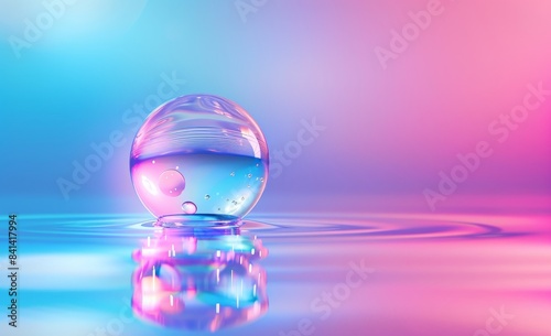 Blue and pink transparent water droplets on smooth surface. Creative image that illustrates the beauty of nature and the environment.