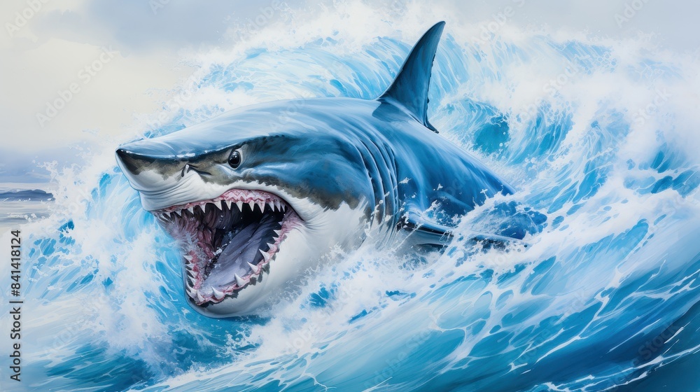 Obraz premium A fierce great white shark emerging from the ocean waves, showcasing power and majesty in the wild marine environment.