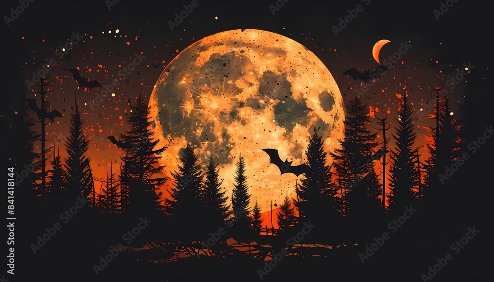Flat design Halloween full moon with flying bats, haunted trees, and spooky clouds Flat design Halloween full moon with flying bats, haunted trees, and spooky clouds