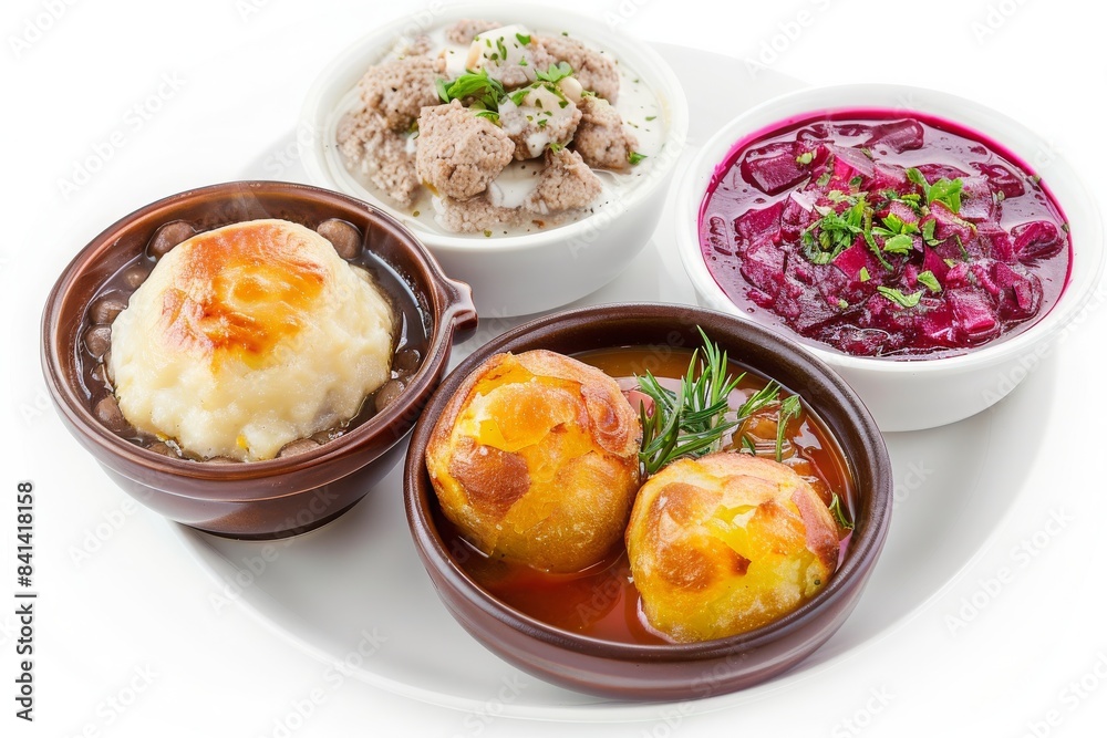 Assortment of traditional dishes including dumplings, beetroot salad, potatoes, and meat, beautifully plated and ready for serving. Assortment of traditional dishes including dumplings, beetroot salad, potatoes, and meat, beautifully plated and ready for serving.