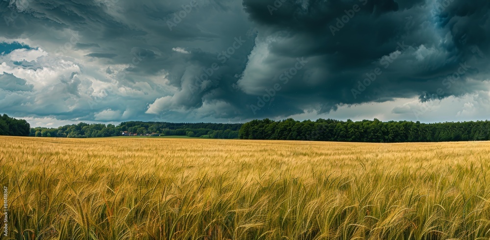 An idyllic rural summer panorama of wheat fields and stormy skies. A calm scene before a thunderstorm. An idyllic rural summer panorama of wheat fields and stormy skies. A calm scene before a thunderstorm.