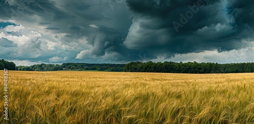 An idyllic rural summer panorama of wheat fields and stormy skies. A calm scene before a thunderstorm.