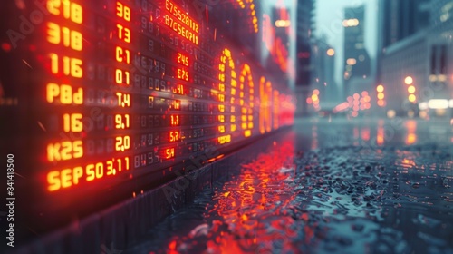 very active holographic  A close-up of a news ticker displaying headlines about global financial turmoil  with a stark  desolate landscape behind.   Leading lines  centered in frame  natural light 