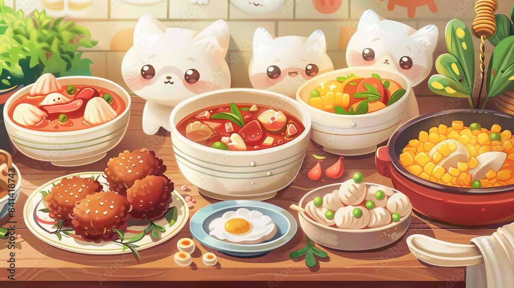 Cute cats enjoying a delicious assortment of vibrant and colorful dishes in a cozy, warm setting with a variety of Asian cuisine. Cute cats enjoying a delicious assortment of vibrant and colorful dishes in a cozy, warm setting with a variety of Asian cuisine.