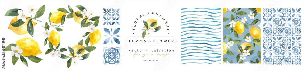 Naklejka premium Lemon, flowers and blue Mediterranean tiles. Vector cute elegant watercolor illustration of lemons, frame, striped wave, wreath, and pattern for background, card, invitation or poster