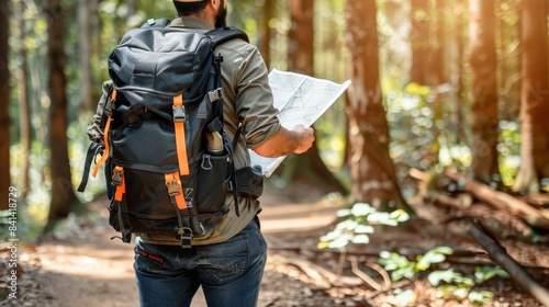 Explorer with oversized backpack using map to navigate and find directions during journey