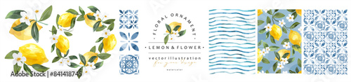 Lemon, flowers and blue Mediterranean tiles. Vector cute elegant watercolor illustration of lemons, frame, striped wave, wreath, and pattern for background, card, invitation or poster