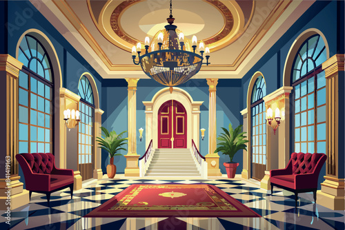 The lobby is grand and luxurious. A large ornate chandelier hangs in the lobby.  The floor is decorated with patterned tiles. There are luxurious chairs with rich upholstery, presumably. The walls are