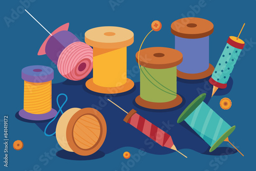 A variety of sewing supplies. Several spools of thread of different colors with needles. Also visible are a pin cushion, scissors, buttons and rolls of fabric. The background hints at a craft or sewin