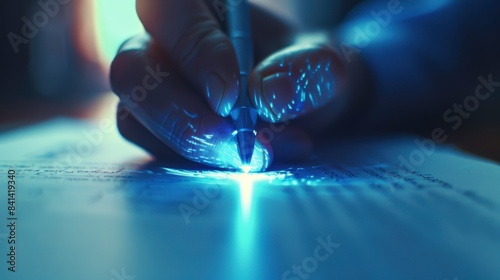 very active holographic, A close-up of a hand signing a document, with a glowing light emanating from the pen, symbolizing the hope of financial rescue. , Leading lines, centered in frame, natural