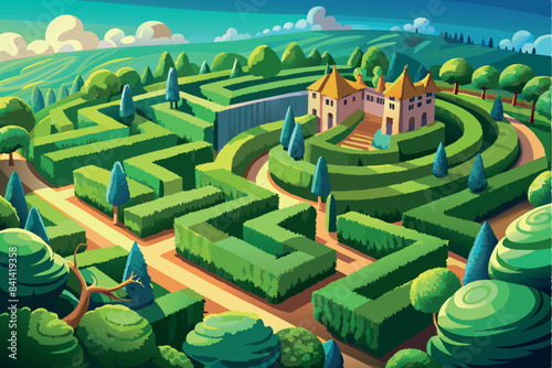 A stylized hedge maze with a castle in the background. The maze consists of neatly trimmed hedges, with several paths visible within. The surrounding landscape includes rolling hills with trees 