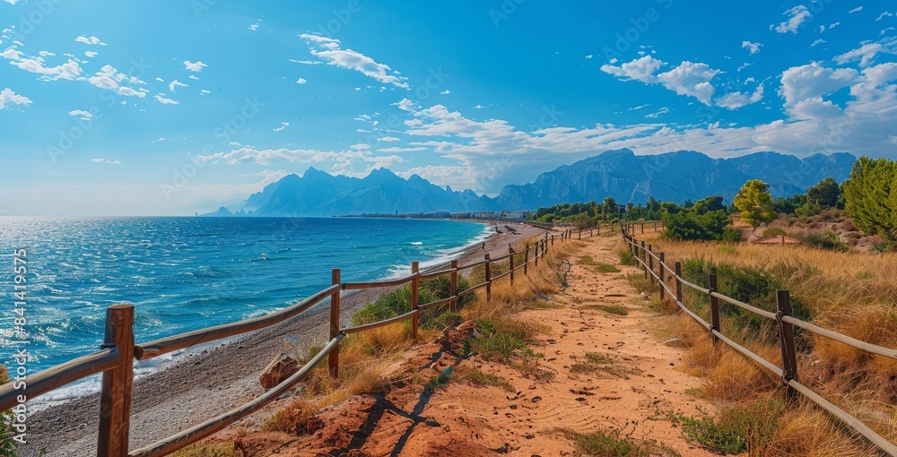 Obraz premium From Antalya's observation deck, one sees a beautiful sunrise. Idyllic composition of wooden fence, turquoise sea, beach, greenery parks, mountains with white clouds and bright blue skies.