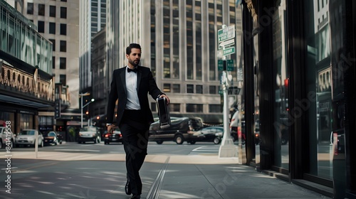 Businessman in tuxedo walking on a sunny city street with briefcase, surrounded by tall buildings