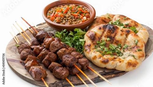 Delicious Mediterranean meal featuring grilled meat skewers, fresh salad, and warm pita bread on a rustic wooden platter.