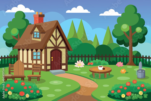  A cozy cottage with half timber construction and thatched roof. It is set amidst a picturesque green landscape. 