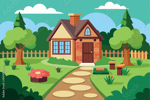  A cozy cottage with half timber construction and thatched roof. It is set amidst a picturesque green landscape. 