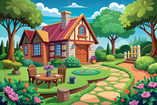  A cozy cottage with half timber construction and thatched roof. It is set amidst a picturesque green landscape. 
