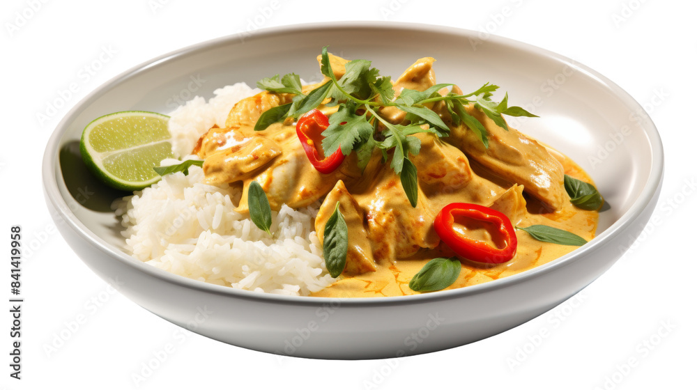 Chicken Curry With Rice and Lime Wedge on White Plate Chicken Curry With Rice and Lime Wedge on White Plate