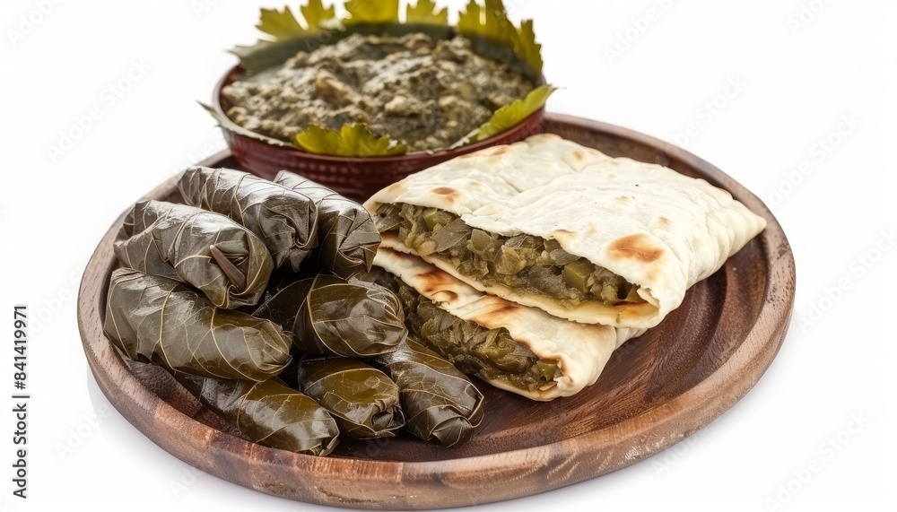 Delicious stuffed grape leaves and pita bread on a wooden plate, served with a side of dip. A traditional Middle Eastern dish. Delicious stuffed grape leaves and pita bread on a wooden plate, served with a side of dip. A traditional Middle Eastern dish.