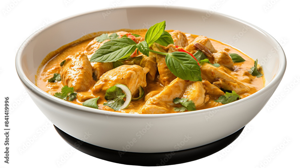 Delicious Chicken Curry With Basil and Cilantro Garnishes in a White Bowl Delicious Chicken Curry With Basil and Cilantro Garnishes in a White Bowl