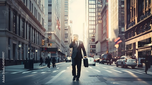 Confident businessman walking with briefcase on city street among tall buildings and urban hustle.