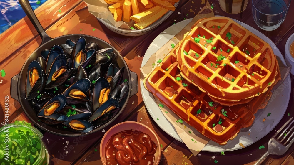 Delicious waffles with a side of mussels and fries on a rustic wooden table, perfect for a gourmet breakfast or brunch.