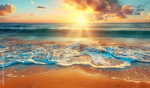 Nature's seascape with a beautiful sunset sky. Waves of sand and golden sunlight on golden waves.