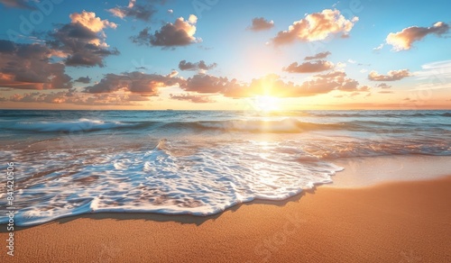 Sunset sky with colorful seascape, waves of sea surf and golden sand of a beach.