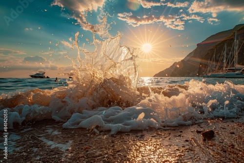 A beautiful sunset atmosphere with colorful seascapes and sun rays shining through clouds. Raging waves of sea surf are reflected in sunlight.