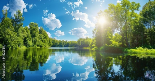 Nature's beauty in the morning with a river and sunbeams reaching across trees against a blue sky with clouds.