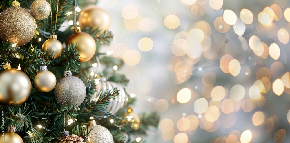 With beautiful bokeh, close-up of a Christmas tree decorated with golden balls toys. With beautiful bokeh, close-up of a Christmas tree decorated with golden balls toys.
