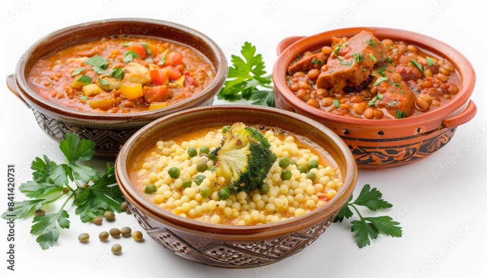 Three traditional ceramic bowls filled with assorted savory stews and garnished with fresh herbs, on a white background. Three traditional ceramic bowls filled with assorted savory stews and garnished with fresh herbs, on a white background.