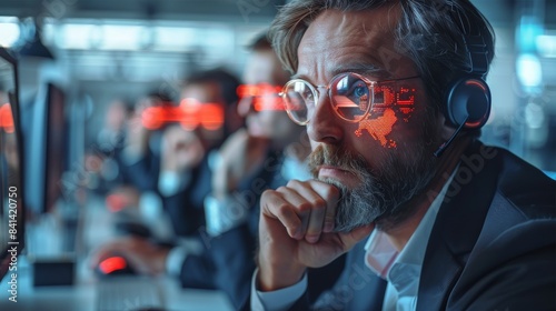 Corporative leaders seem stressed about new technologies, like artificial intelligence, computers with red error on the screen, office in the background, clear background. Generative AI.