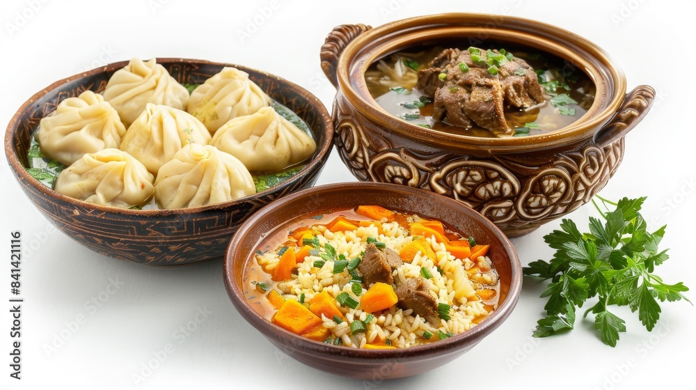 Traditional Asian dishes including dumplings, meat soup, and vegetable stew in rustic bowls, garnished with parsley on a white background.