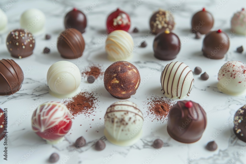 Obraz premium Assorted chocolate truffles with various toppings, showcasing the luxurious and artisanal quality of these gourmet confections