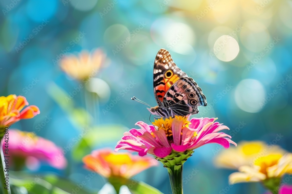 Stunning close-up nature scene of urticaria butterfly (tortoiseshell butterfly) with spread wings atop red flower against defocused green and dark blue background. Stunning close-up nature scene of urticaria butterfly (tortoiseshell butterfly) with spread wings atop red flower against defocused green and dark blue background.