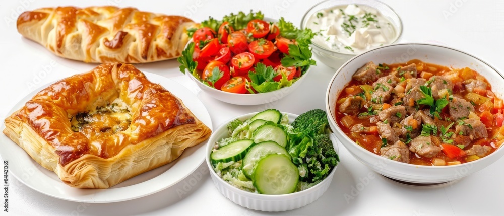 Variety of delicious homemade dishes including pies, salads, stews, and dips, served on a white background for a hearty meal experience. Variety of delicious homemade dishes including pies, salads, stews, and dips, served on a white background for a hearty meal experience.