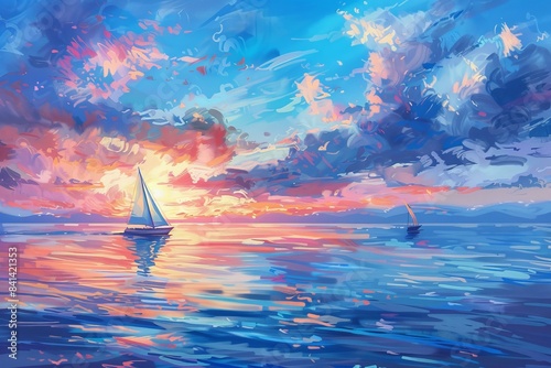 The turquoise skies, soft sun peaking through the pink clouds at dawn, and silvery water surface give this Mediterranean seascape a mesmerizing panorama.